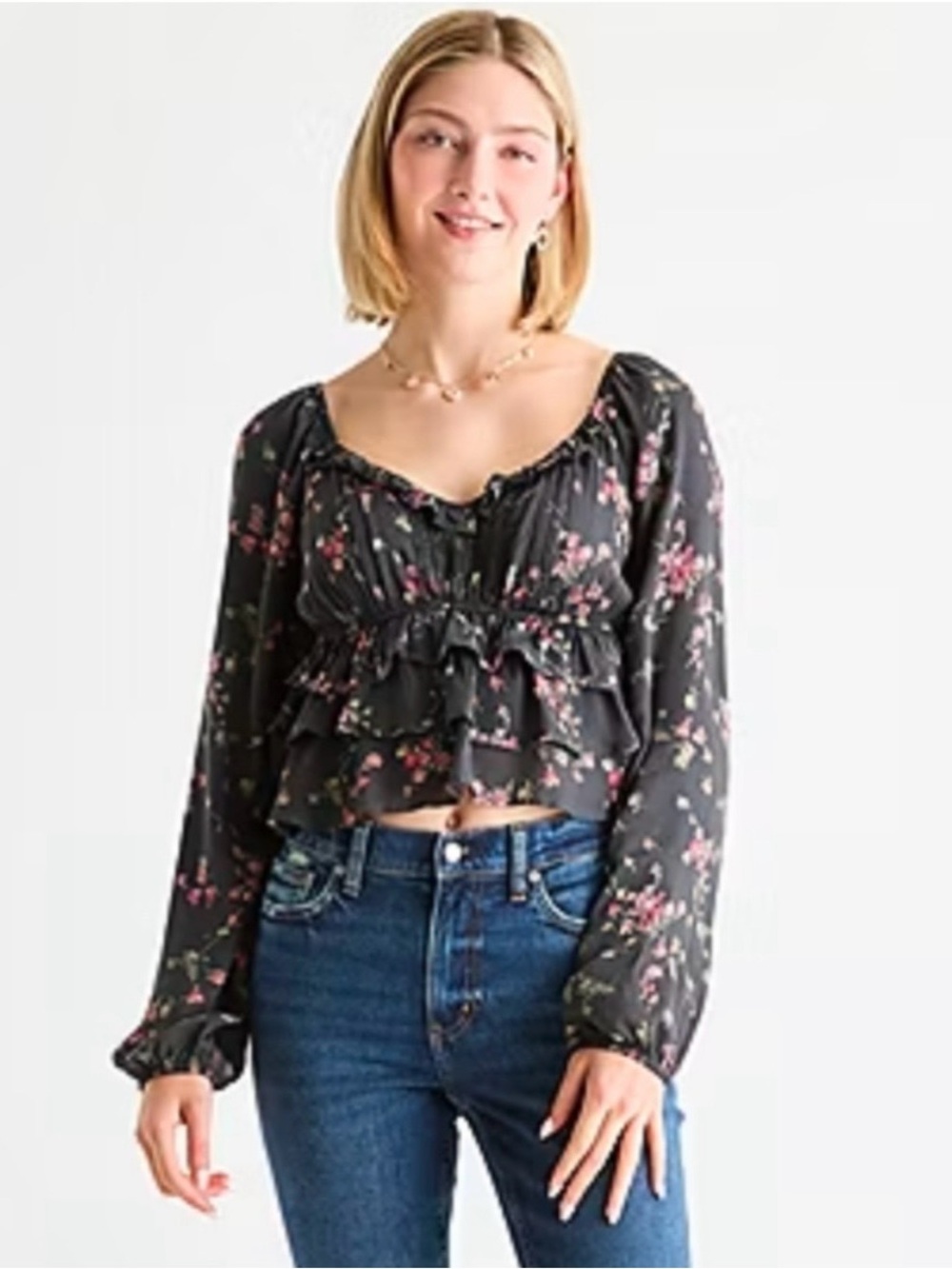 NWT!!  Arizona Jeans Floral Ruffle Peasant Top - Black, XXL (juniors)